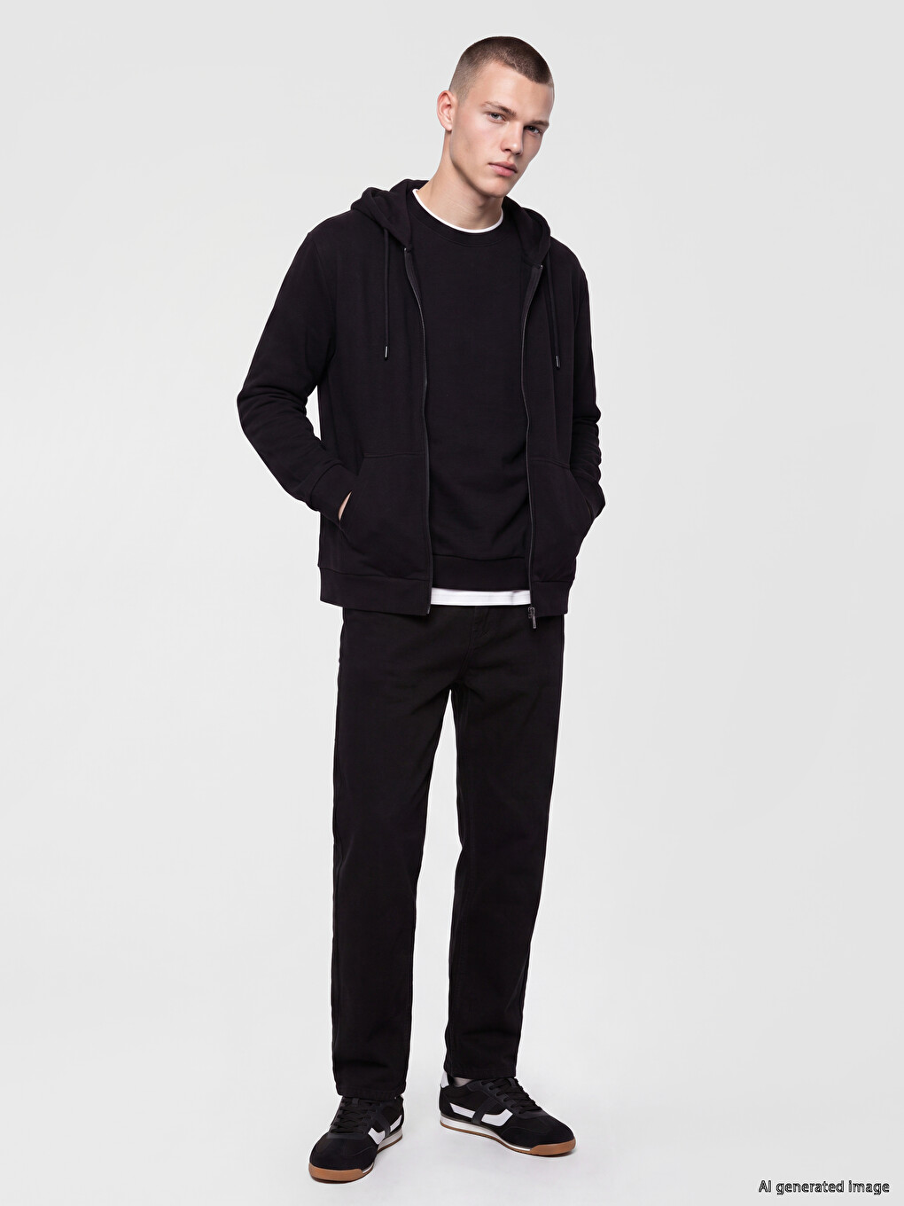 Siyah Regular Fit Kapüşonlu Erkek Fermuarlı Sweatshirt-1