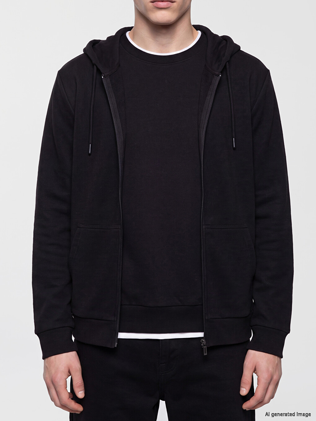 Siyah Regular Fit Kapüşonlu Erkek Fermuarlı Sweatshirt-2