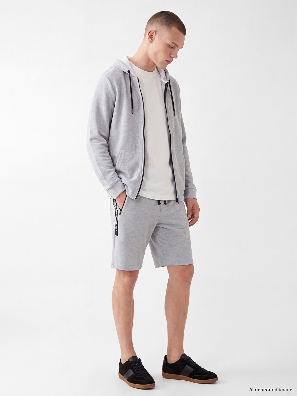 Gri Kapüşonlu Erkek Fermuarlı Sweatshirt-1