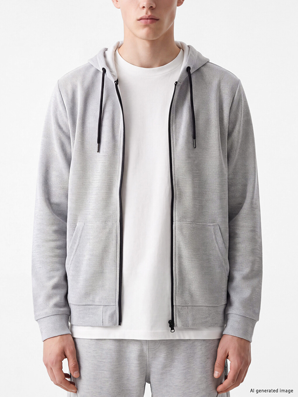 Gri Kapüşonlu Erkek Fermuarlı Sweatshirt-2