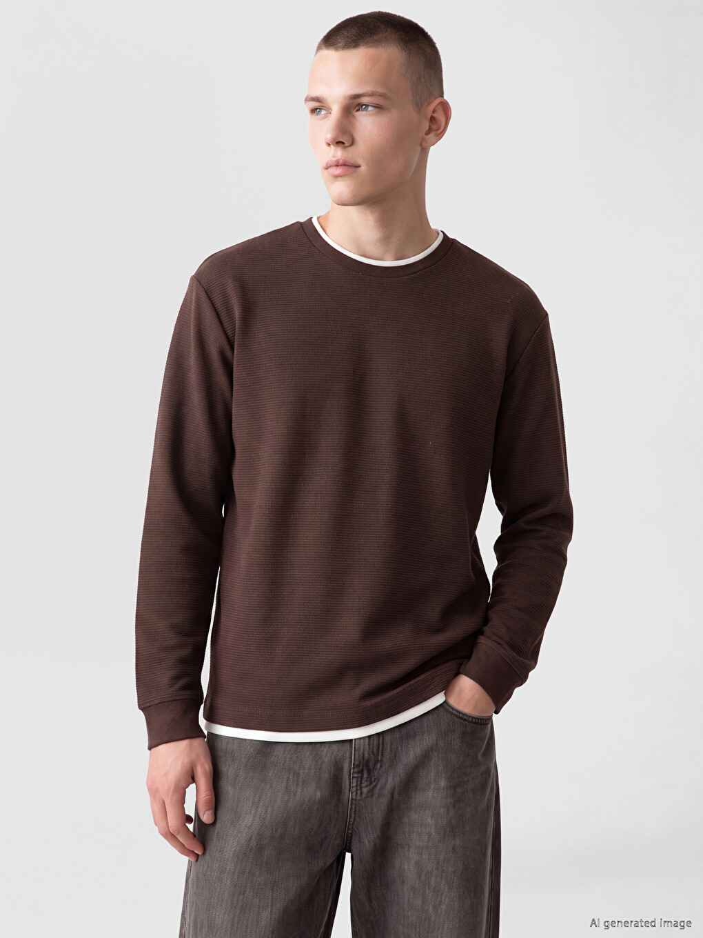 Kahverengi Bisiklet Yaka Erkek Sweatshirt