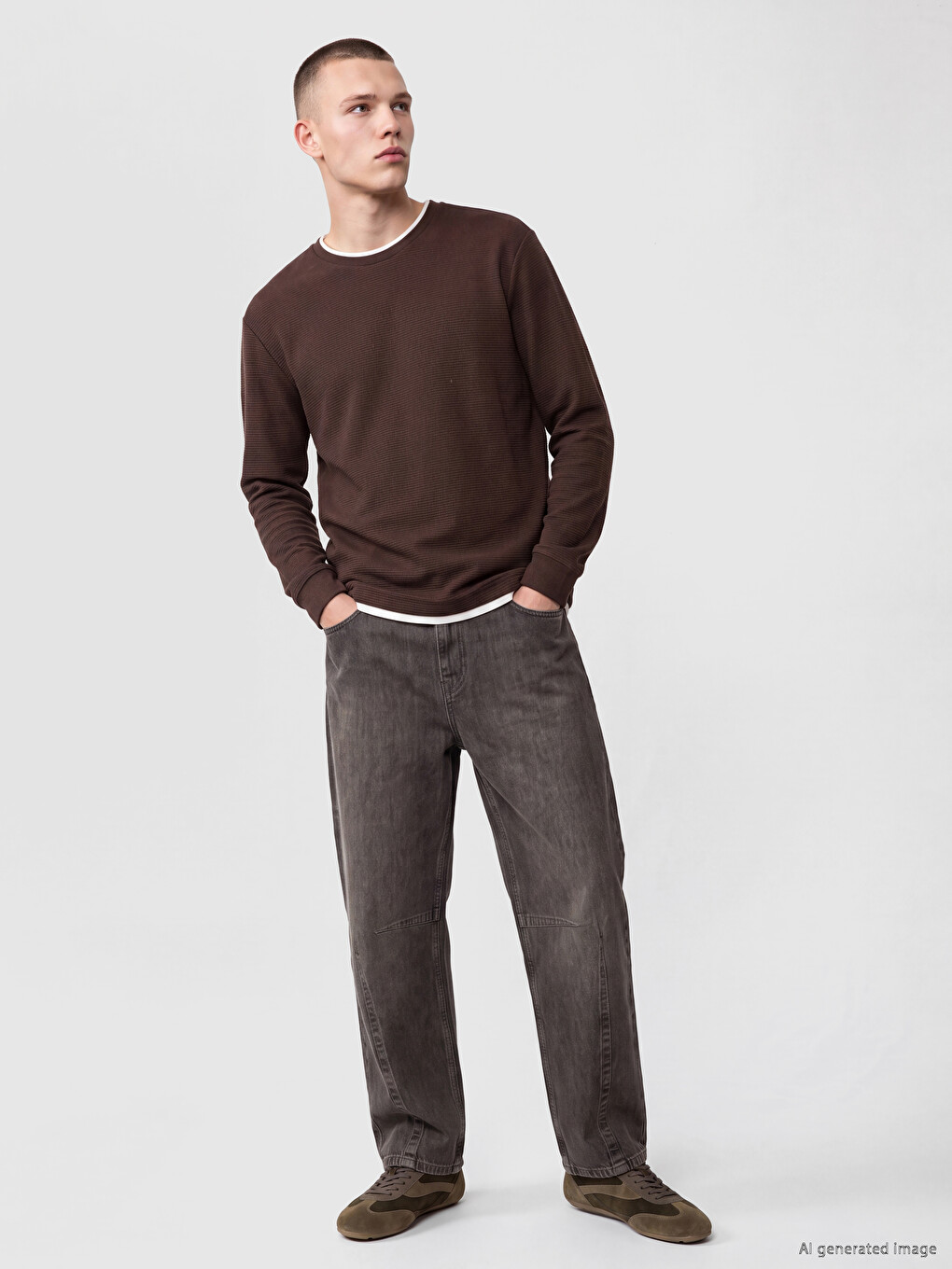 Kahverengi Bisiklet Yaka Erkek Sweatshirt-1