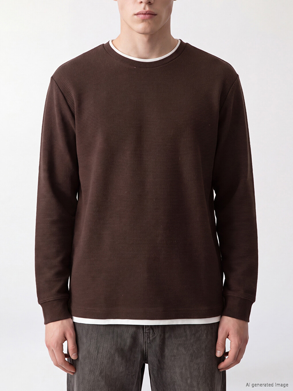 Kahverengi Bisiklet Yaka Erkek Sweatshirt-2