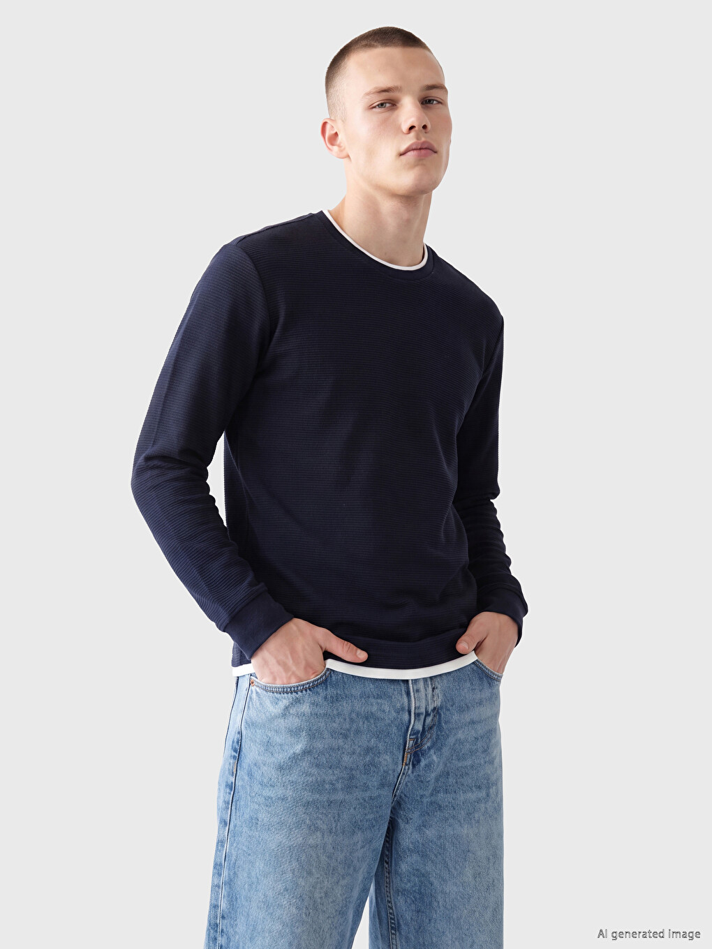 Lacivert Bisiklet Yaka Erkek Sweatshirt