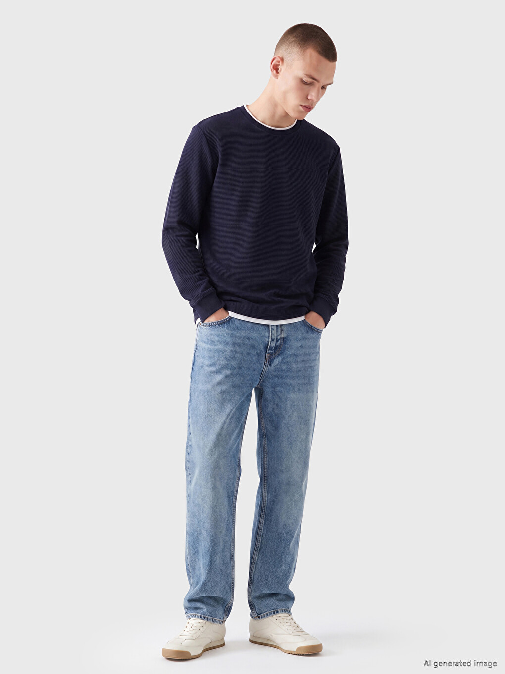 Lacivert Bisiklet Yaka Erkek Sweatshirt-1