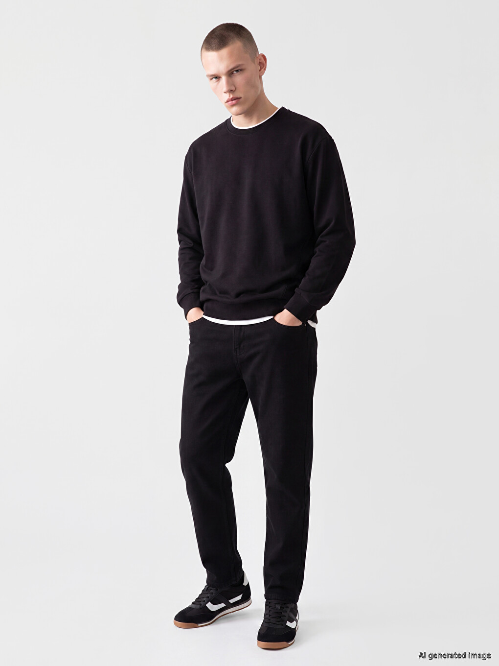 Siyah Bisiklet Yaka Erkek Sweatshirt-1