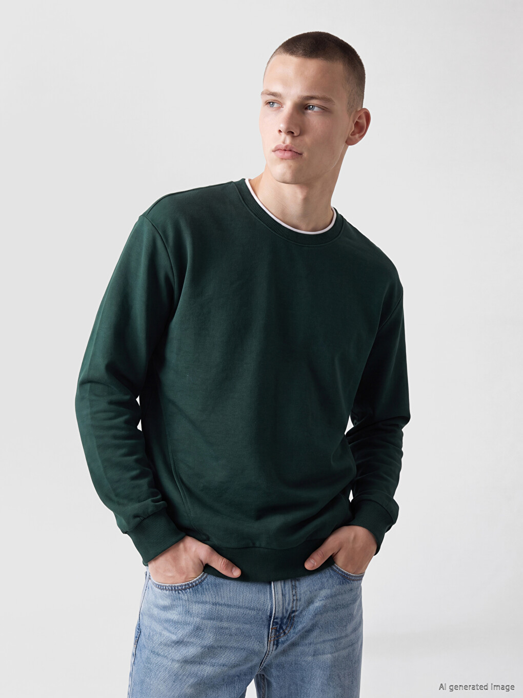 Yeşil Bisiklet Yaka Erkek Sweatshirt