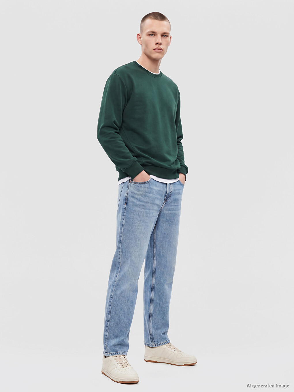 Yeşil Bisiklet Yaka Erkek Sweatshirt-1