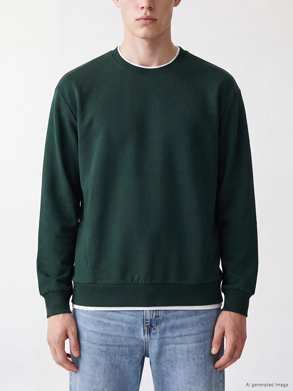 Yeşil Bisiklet Yaka Erkek Sweatshirt-2