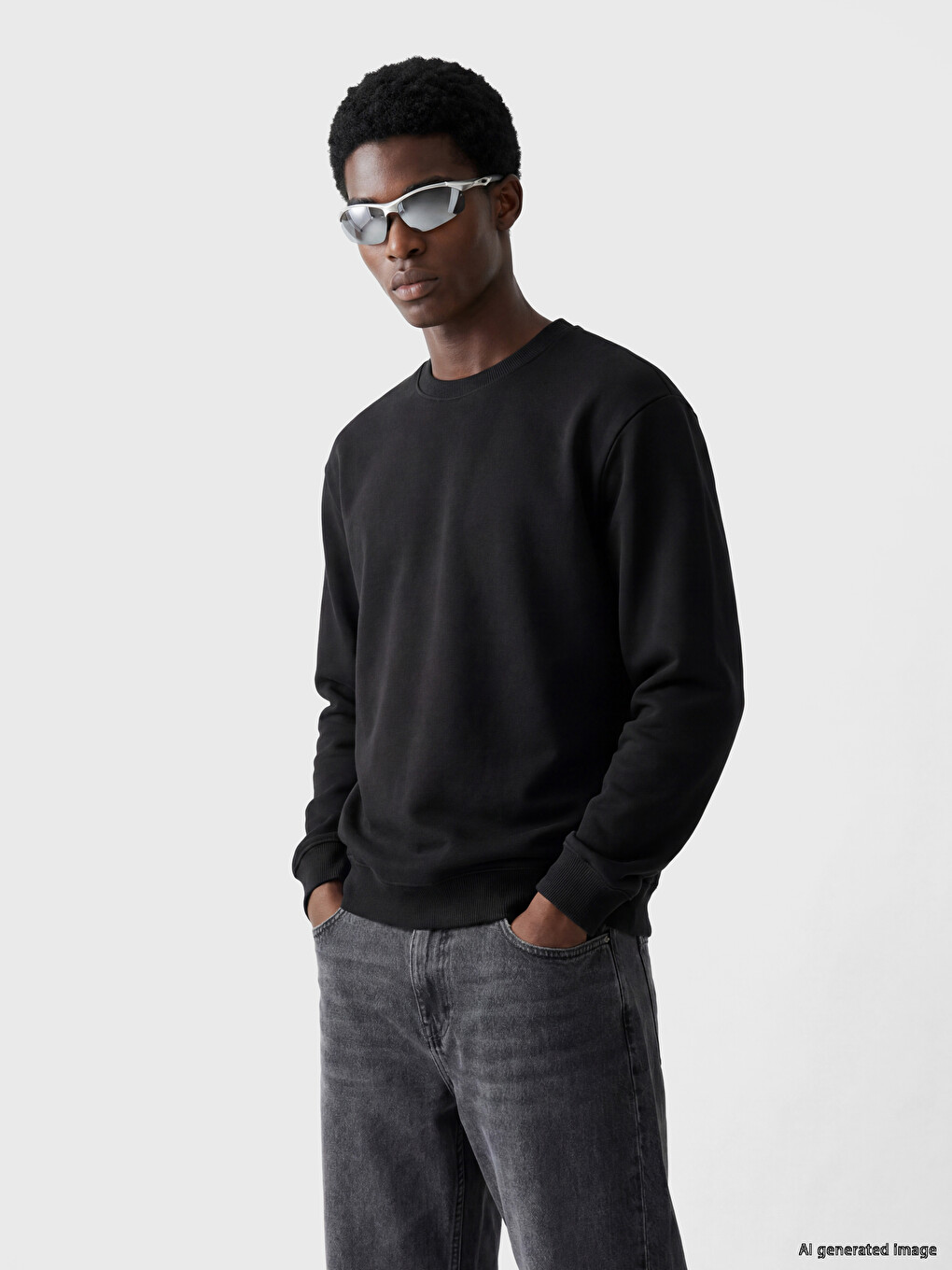 Siyah Bisiklet Yaka Erkek Kalın Sweatshirt