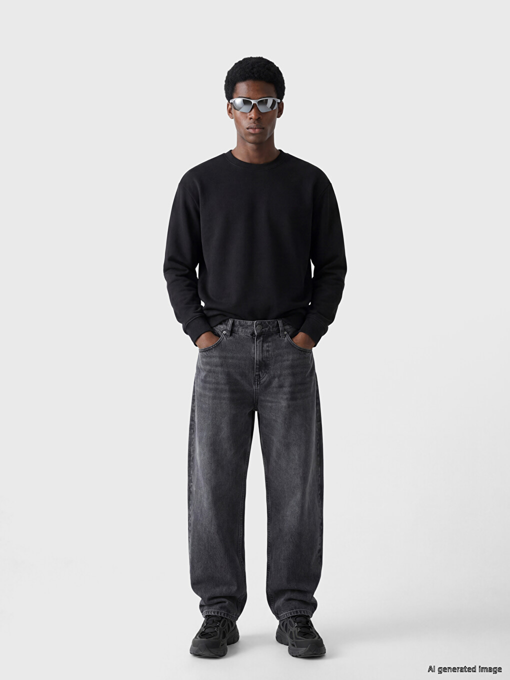 Siyah Bisiklet Yaka Erkek Kalın Sweatshirt-1