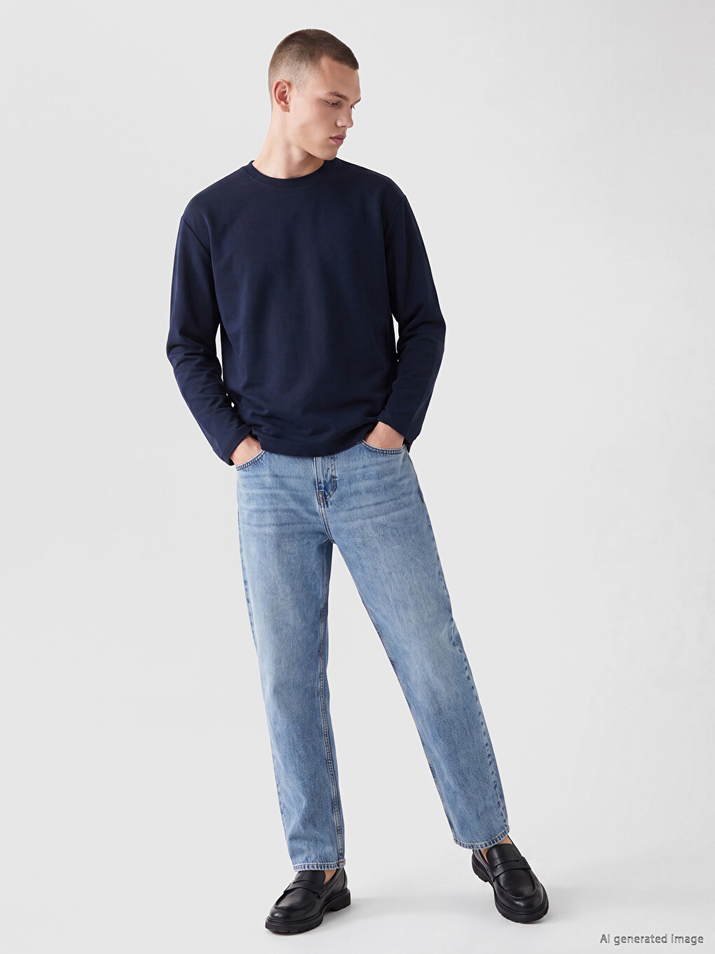 Lacivert Bisiklet Yaka Erkek Sweatshirt-1