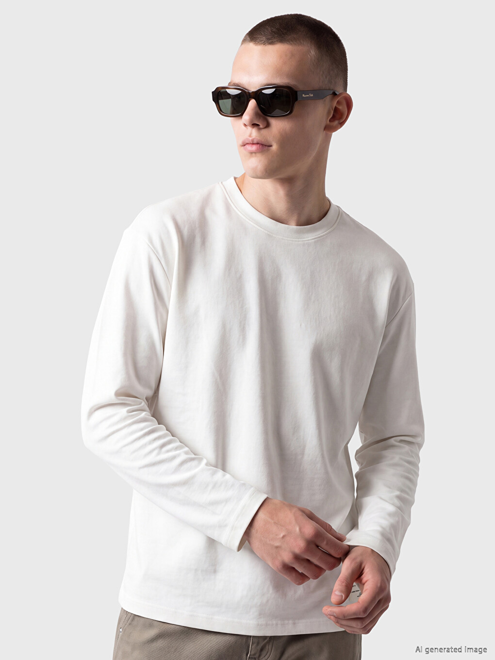 Ekru Bisiklet Yaka Erkek Sweatshirt