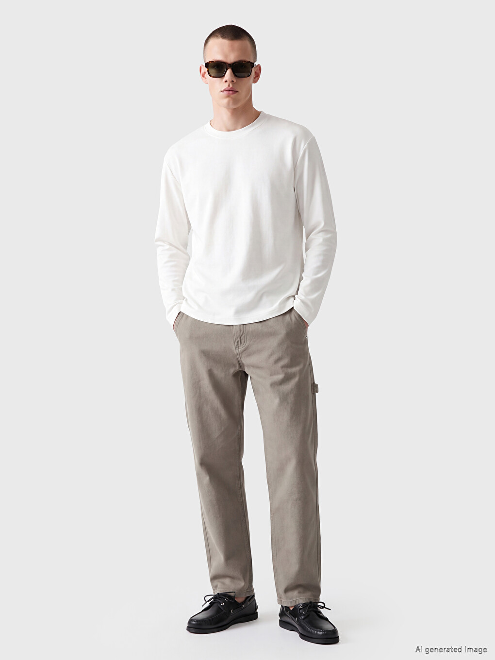 Ekru Bisiklet Yaka Erkek Sweatshirt-1