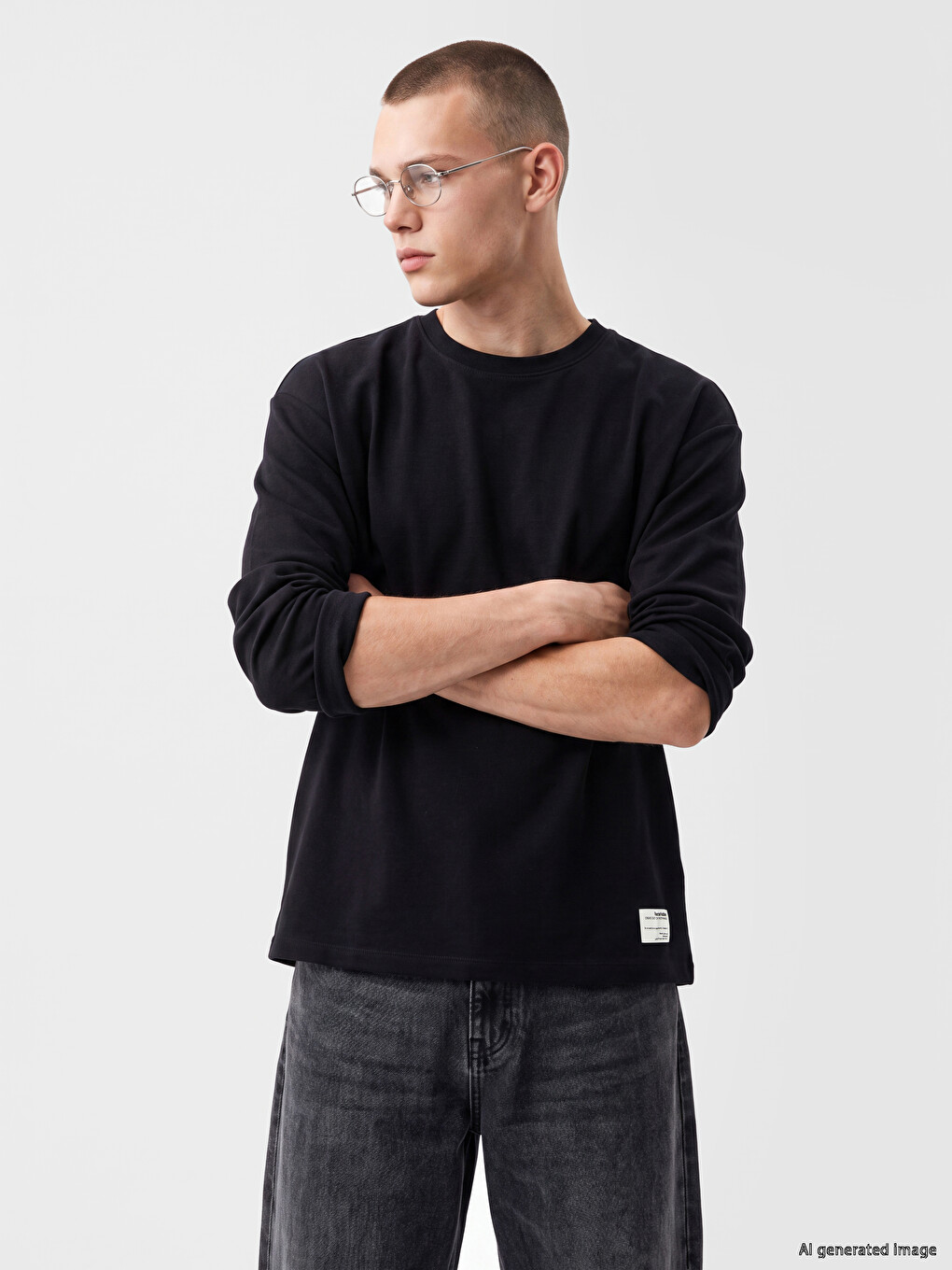 Siyah Bisiklet Yaka Erkek Sweatshirt