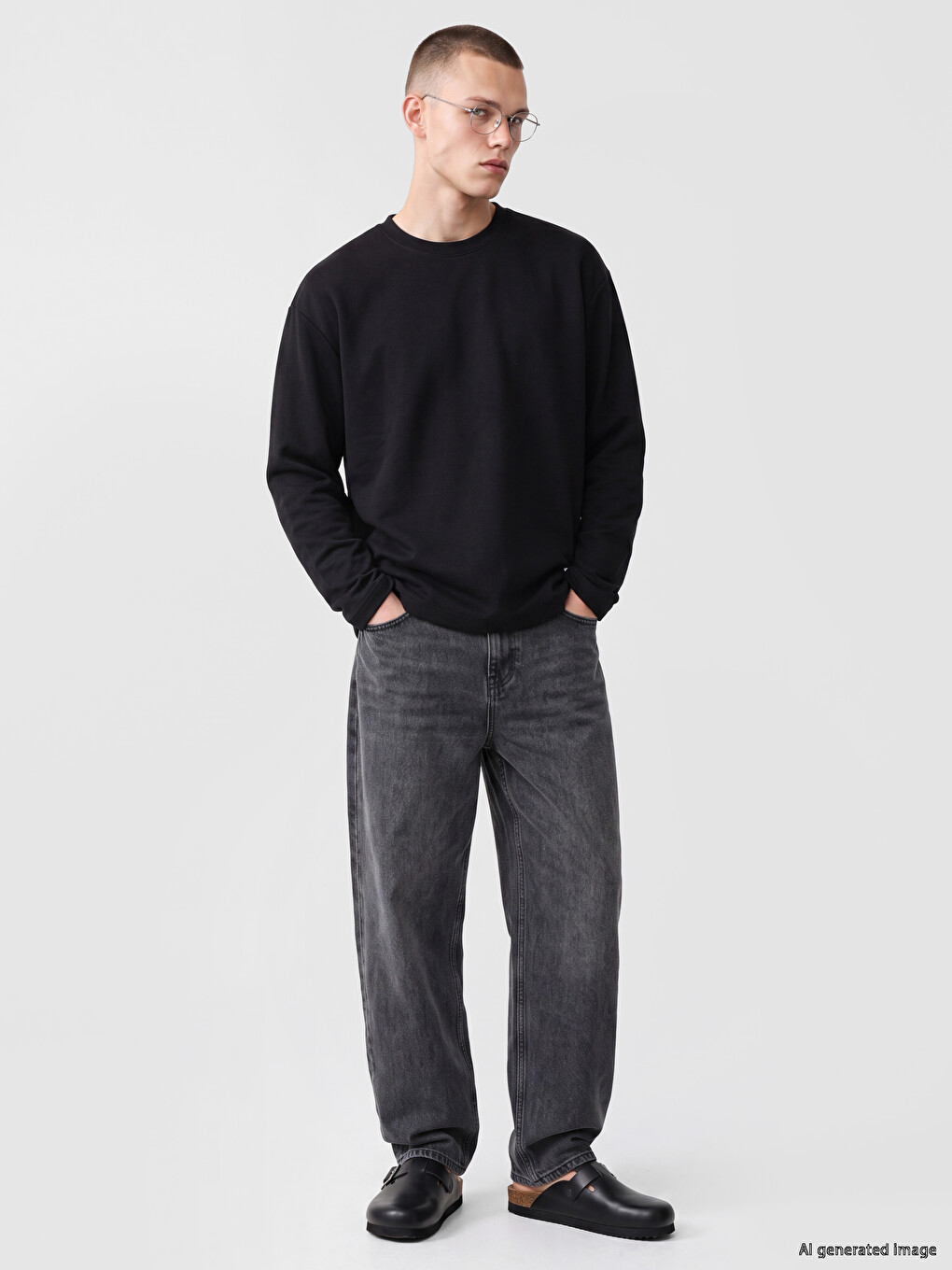 Siyah Bisiklet Yaka Erkek Sweatshirt-1