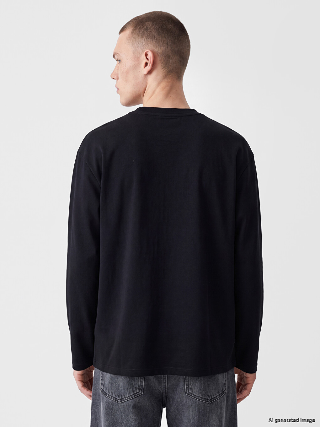 Siyah Bisiklet Yaka Erkek Sweatshirt-3