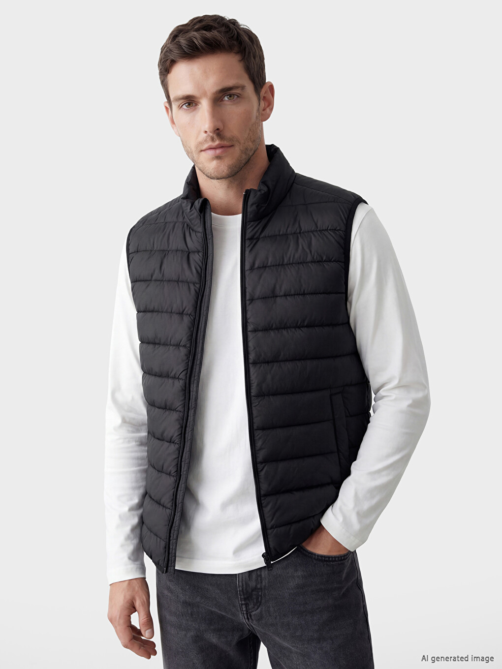 Siyah Regular Fit Dik Yaka Kapitone Erkek Şişme Yelek