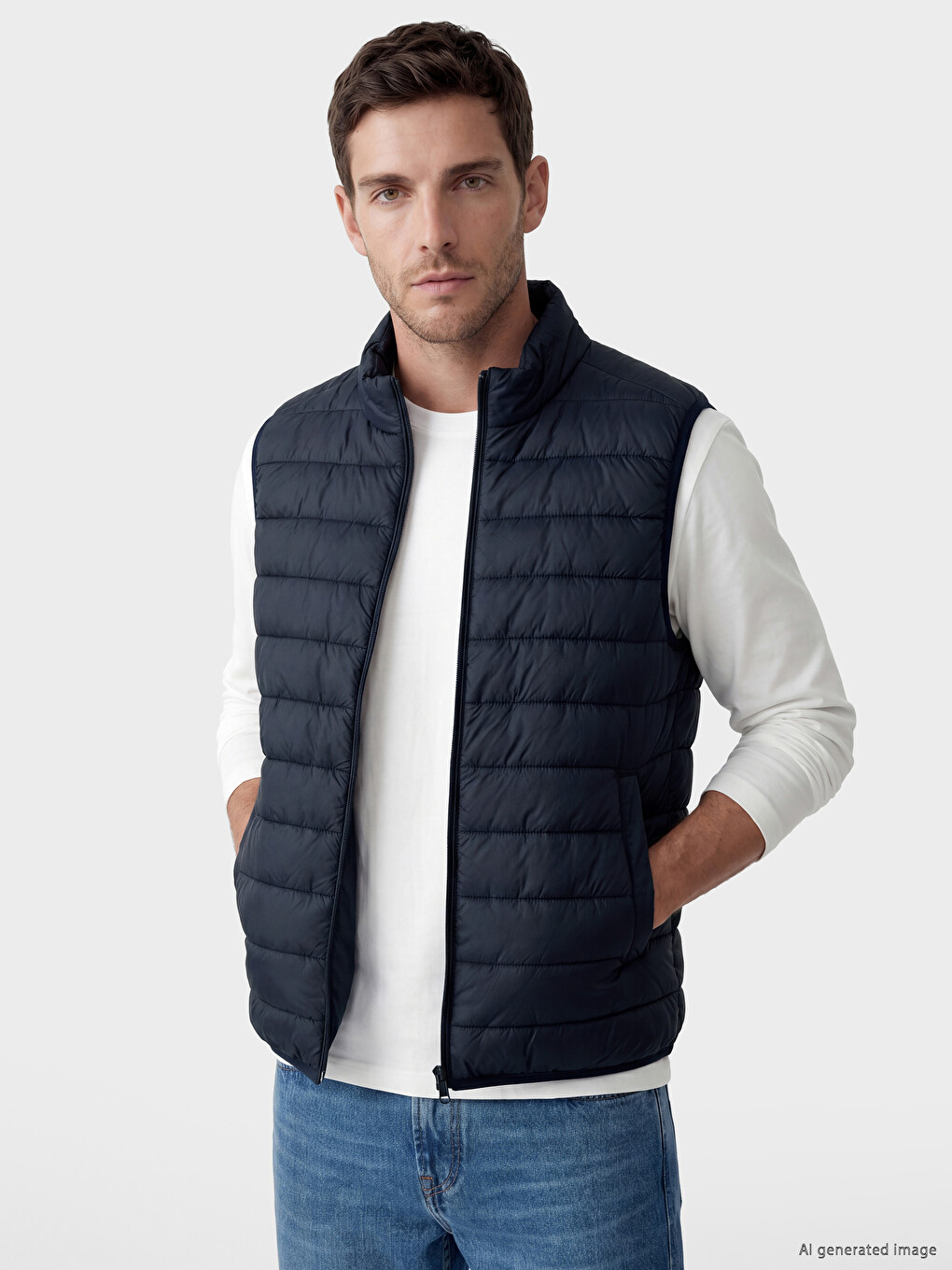 Lacivert Regular Fit Dik Yaka Kapitone Erkek Şişme Yelek