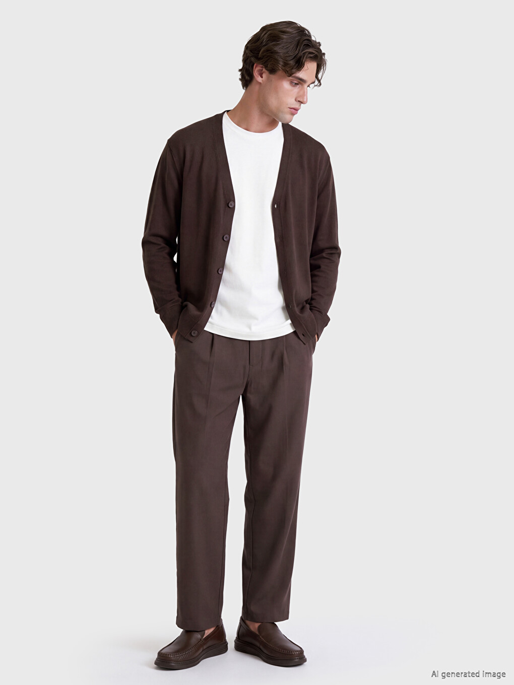 Kahverengi Regular Fit V Yaka Erkek Triko Hırka-1