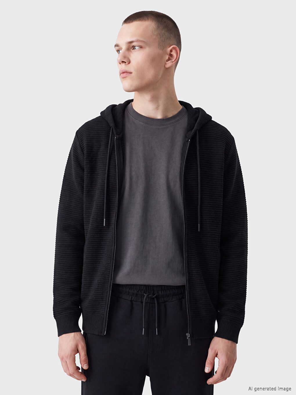 Siyah Regular Fit Kapüşonlu Erkek Triko Hırka