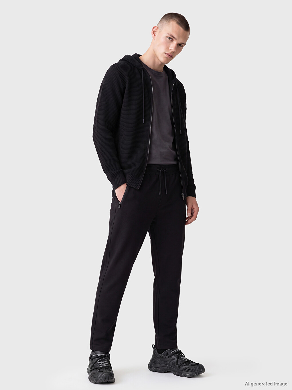 Siyah Regular Fit Kapüşonlu Erkek Triko Hırka-1