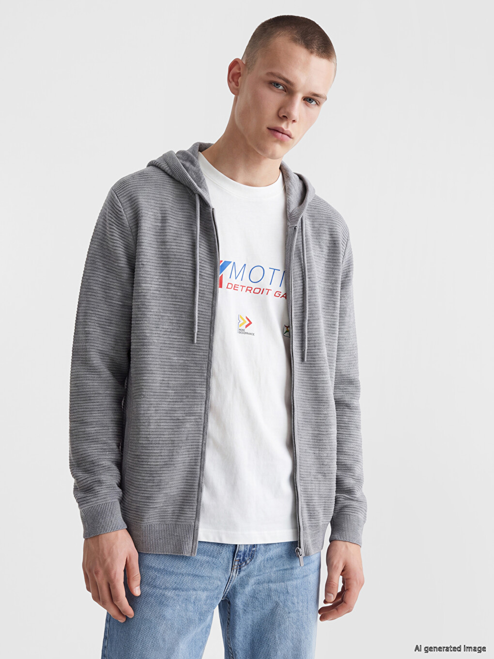 Gri Regular Fit Kapüşonlu Erkek Triko Hırka