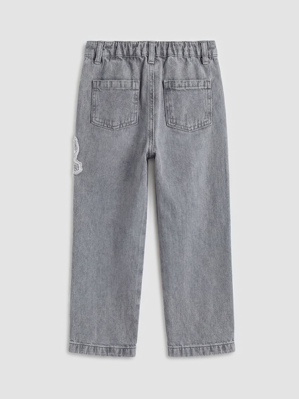 Gri Standart Kalıp Kelebek Nakışlı Kız Çocuk Jean Pantolon-1