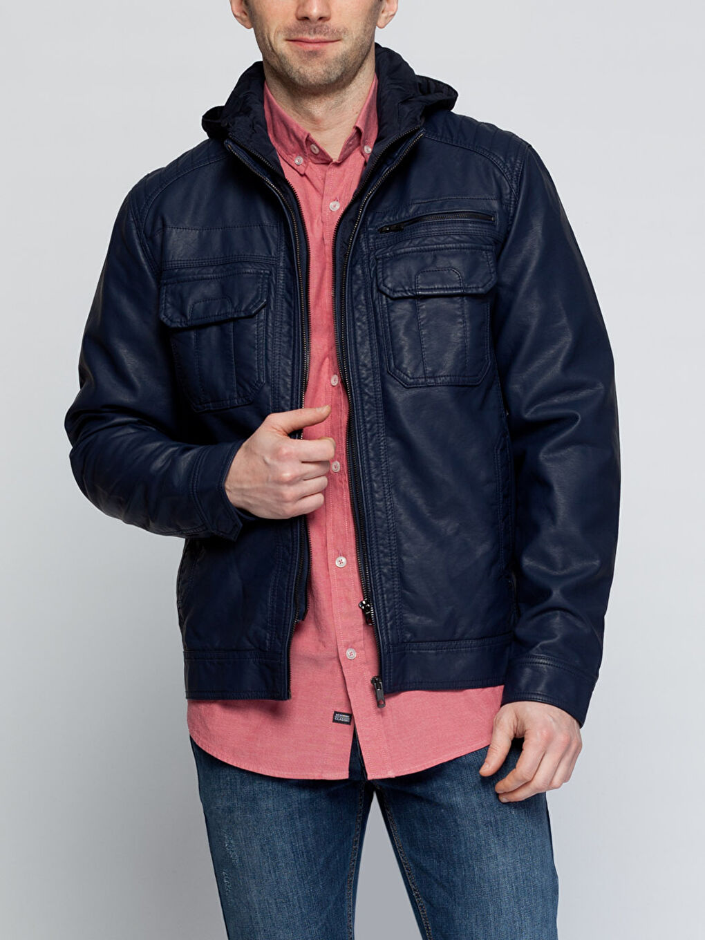 Lacivert Deri Görünümlü Mont