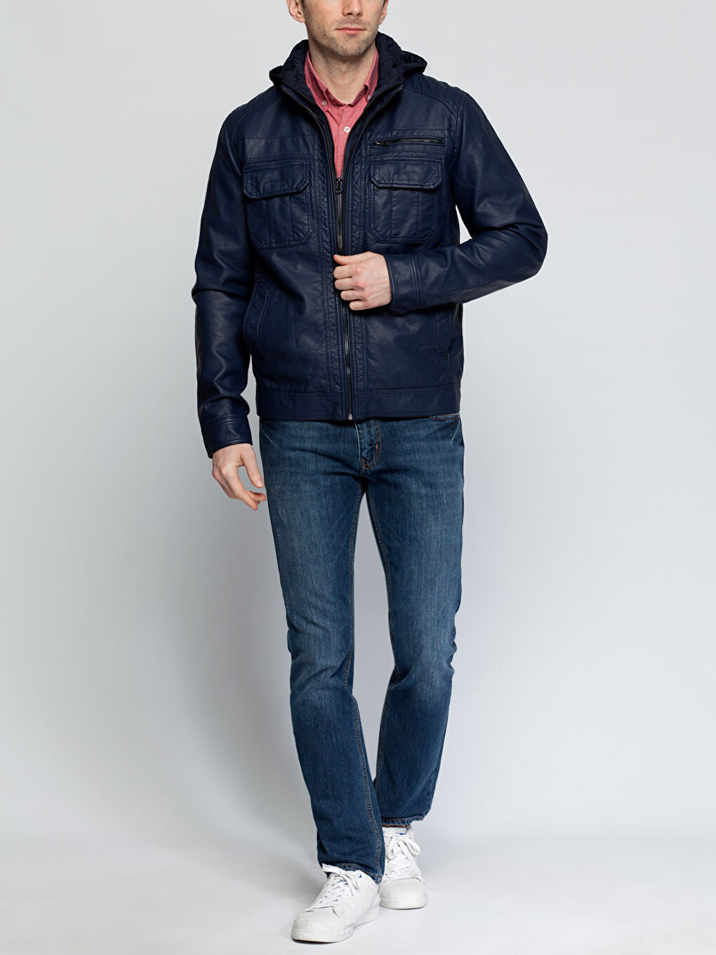 Lacivert Deri Görünümlü Mont-2