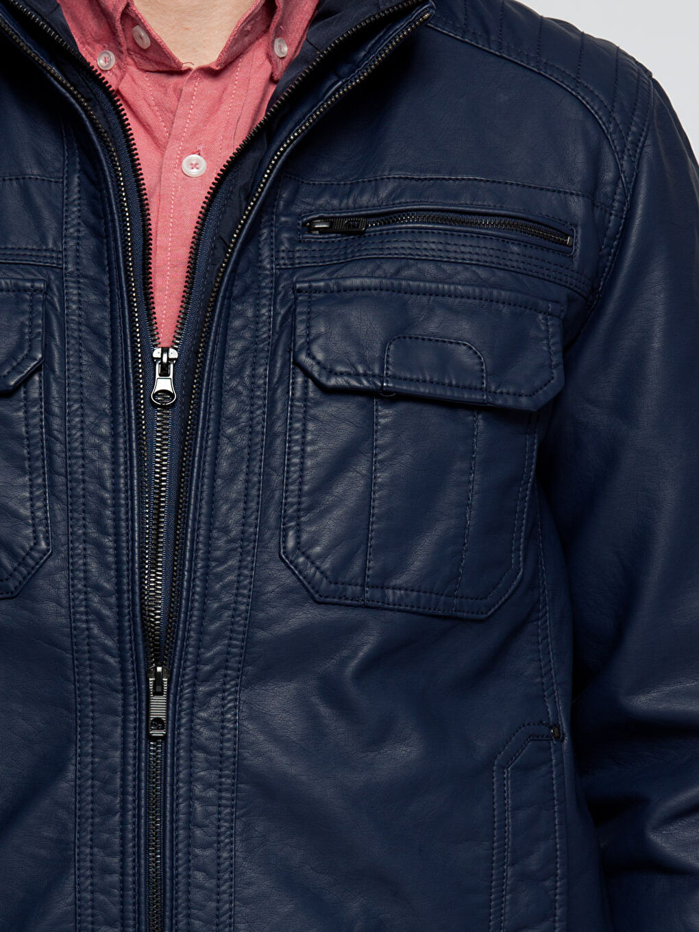 Lacivert Deri Görünümlü Mont-3