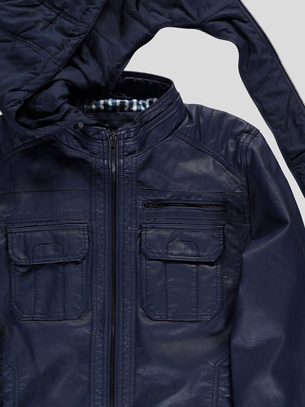 Lacivert Deri Görünümlü Mont-4