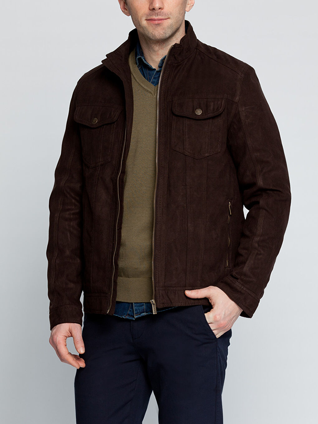 Kahverengi Deri Görünümlü Mont