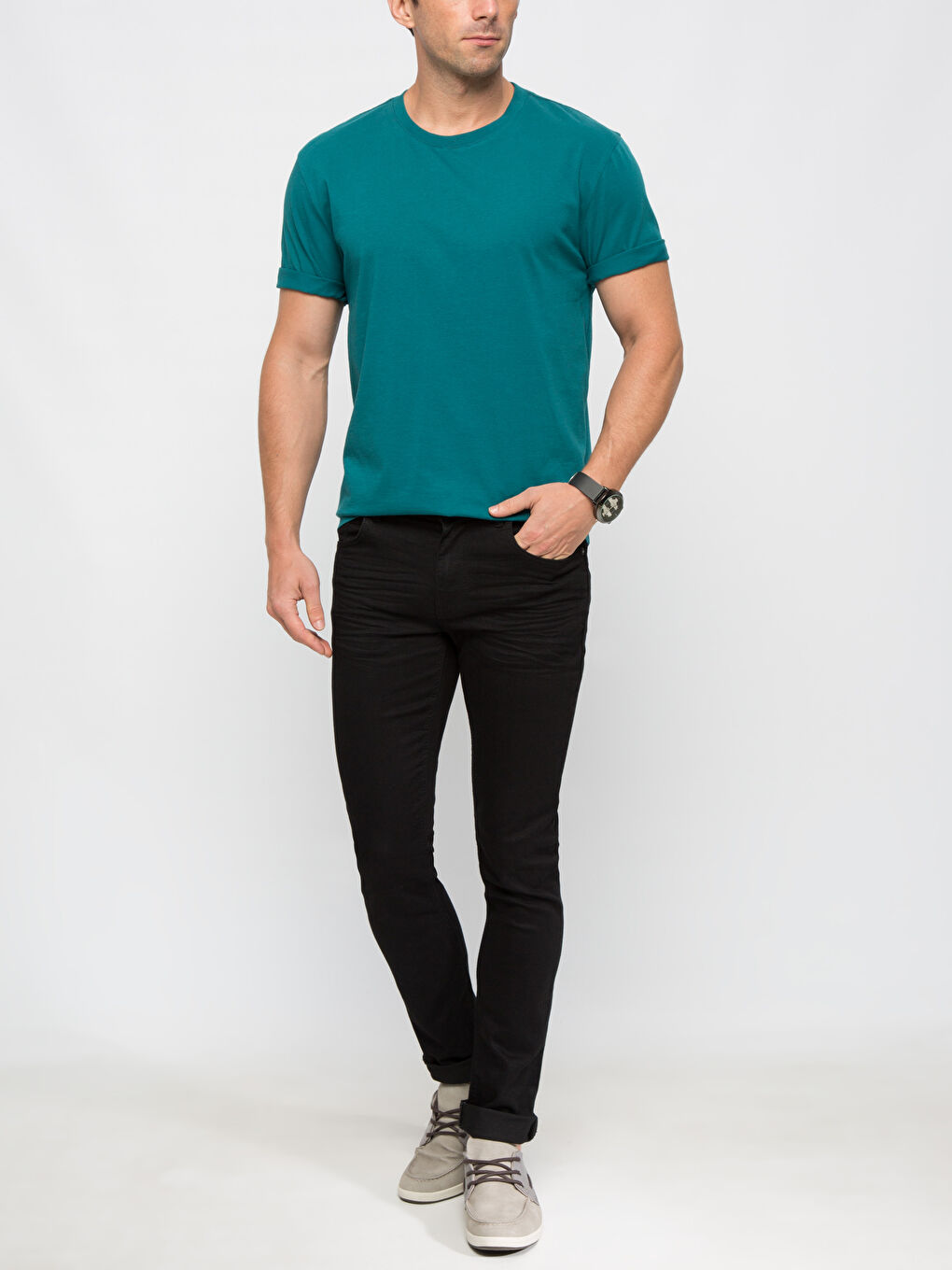 تيشيرت قطن كم قصير ياقة دائرية سادة-4