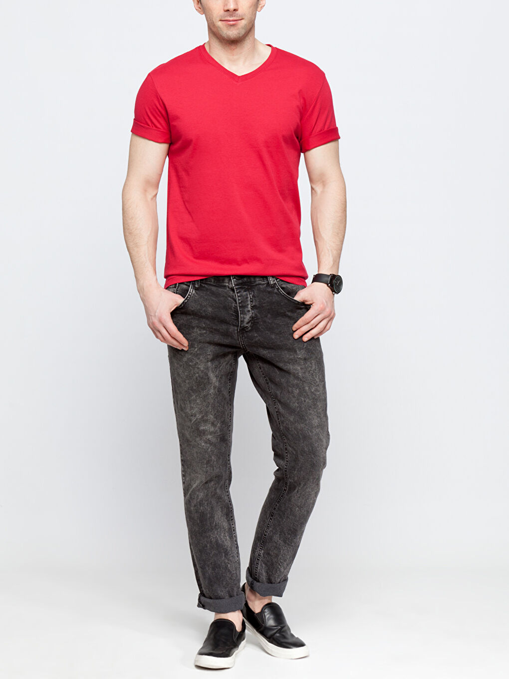 Базовая хлопковая футболка с V-образным вырезом и короткими рукавами-2