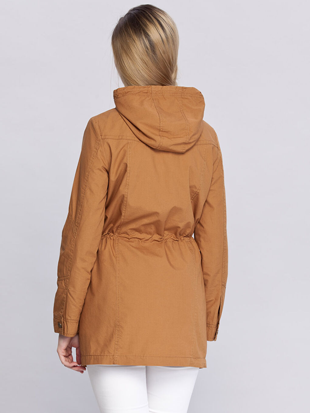 Bej Kapüşonlu Düz Uzun Kollu Kadın İnce Mont-2