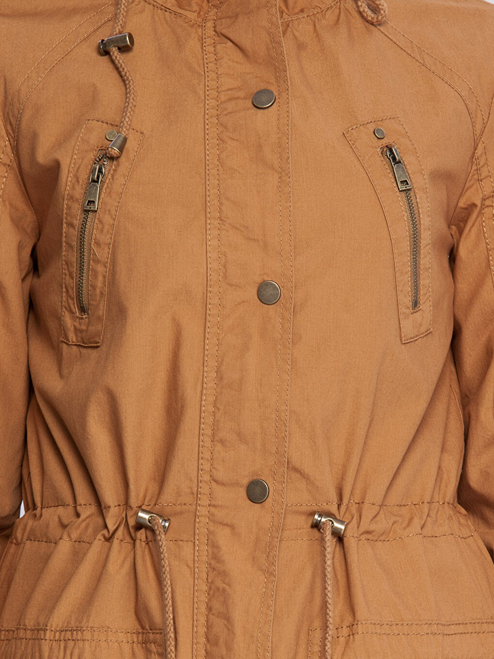 Bej Kapüşonlu Düz Uzun Kollu Kadın İnce Mont-4