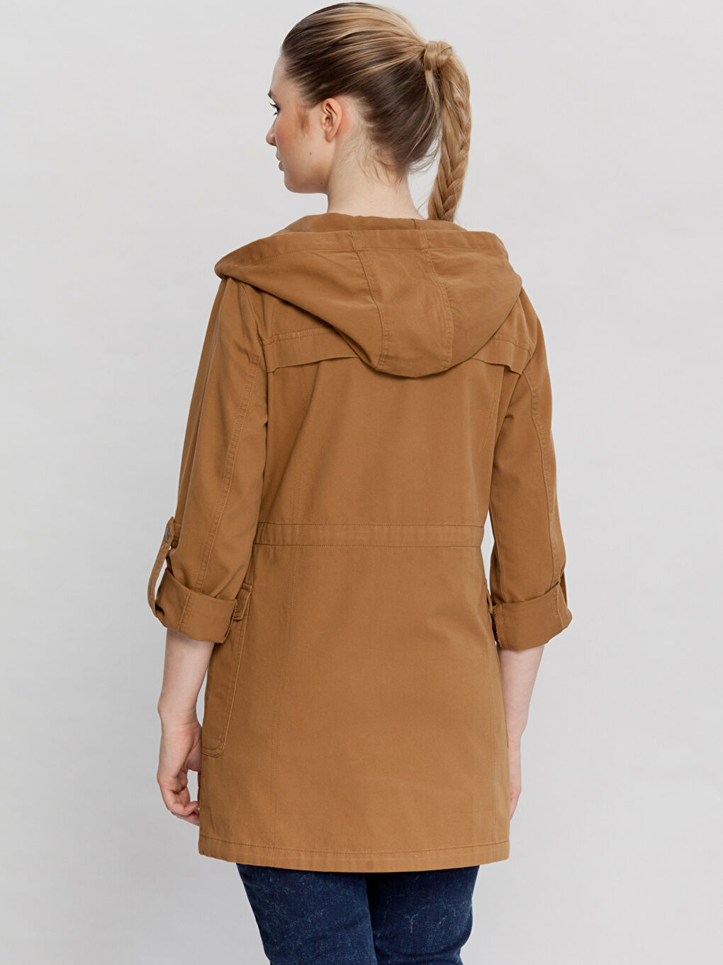 Bej Kapüşonlu Düz Uzun Kollu Kadın İnce Mont-2