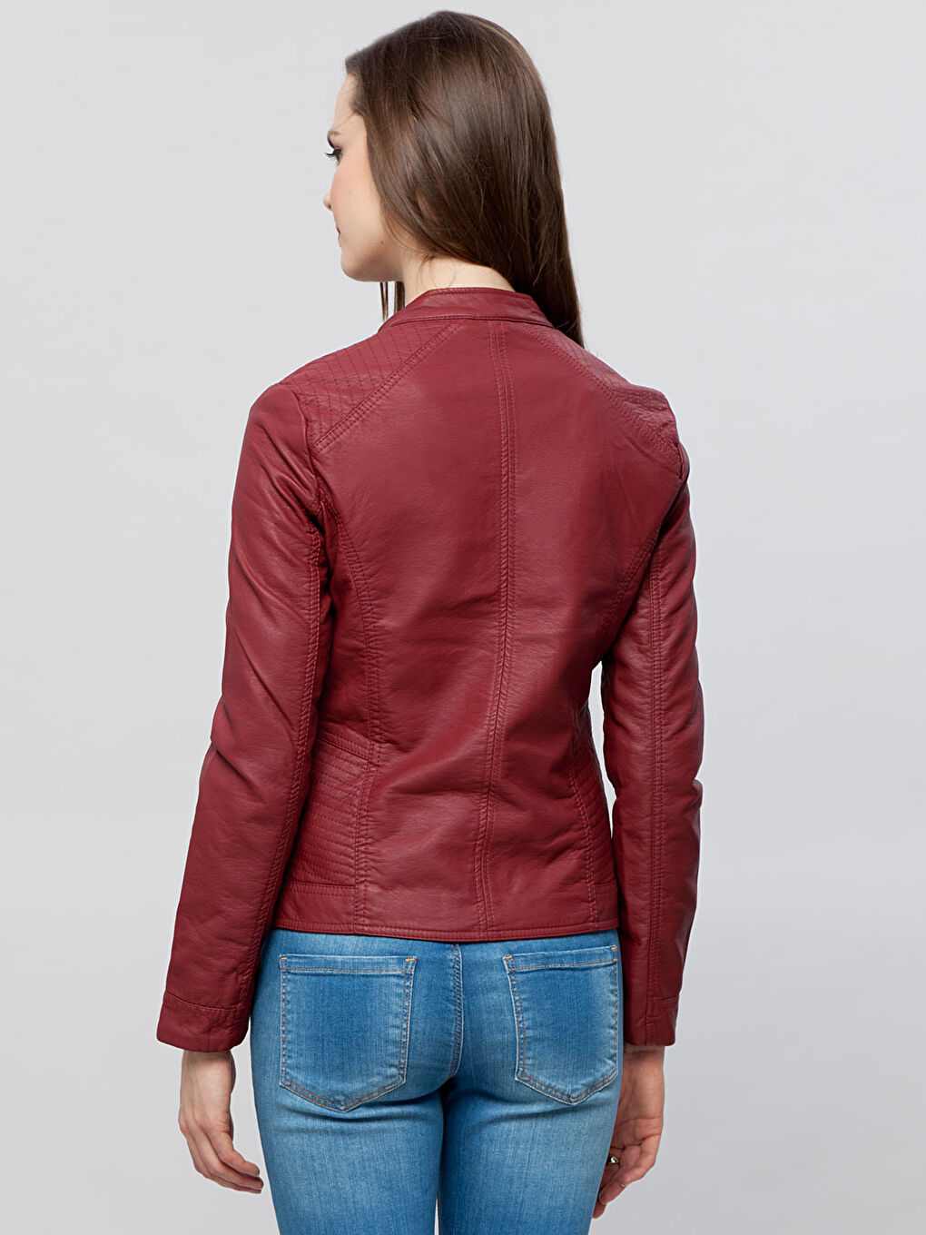 Koyu Kırmızı Deri Görünümlü Mont-1