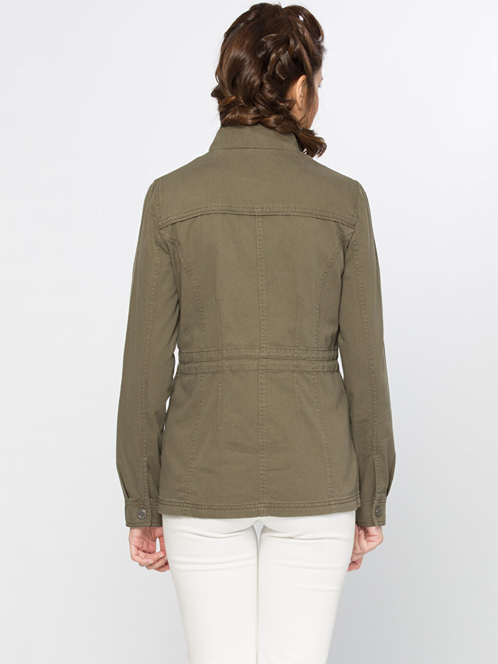 Haki Dik Yaka Düz Uzun Kollu Kadın İnce Mont-2