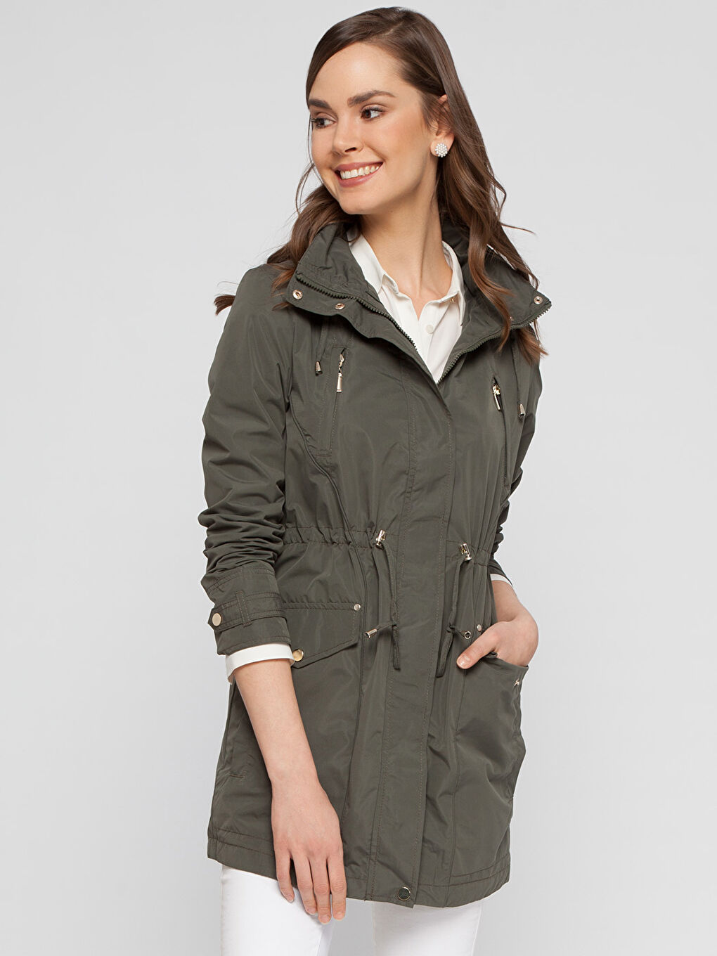 Yeşil Kadın Kapüşonlu Düz Mont