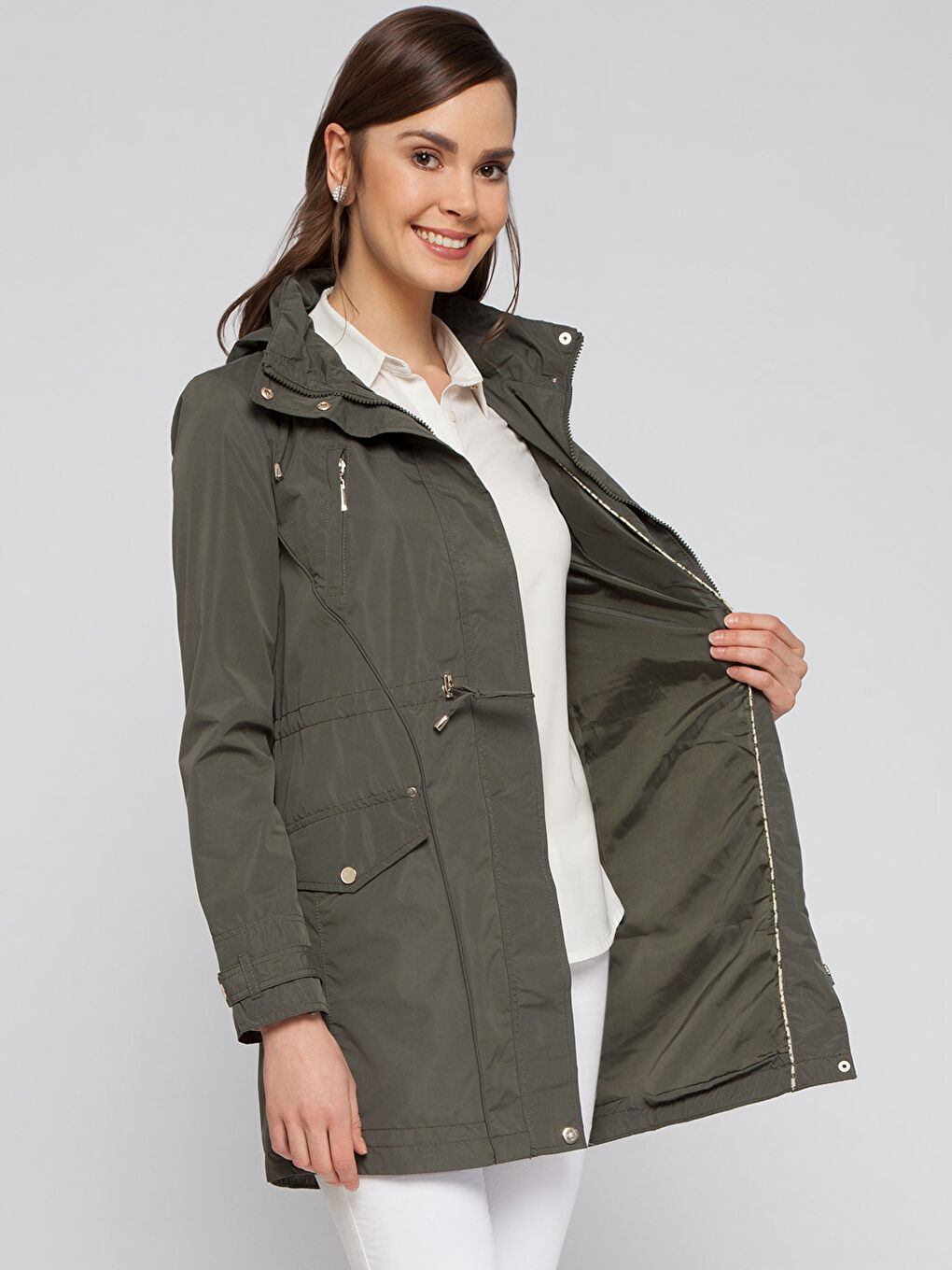 Yeşil Kadın Kapüşonlu Düz Mont-1