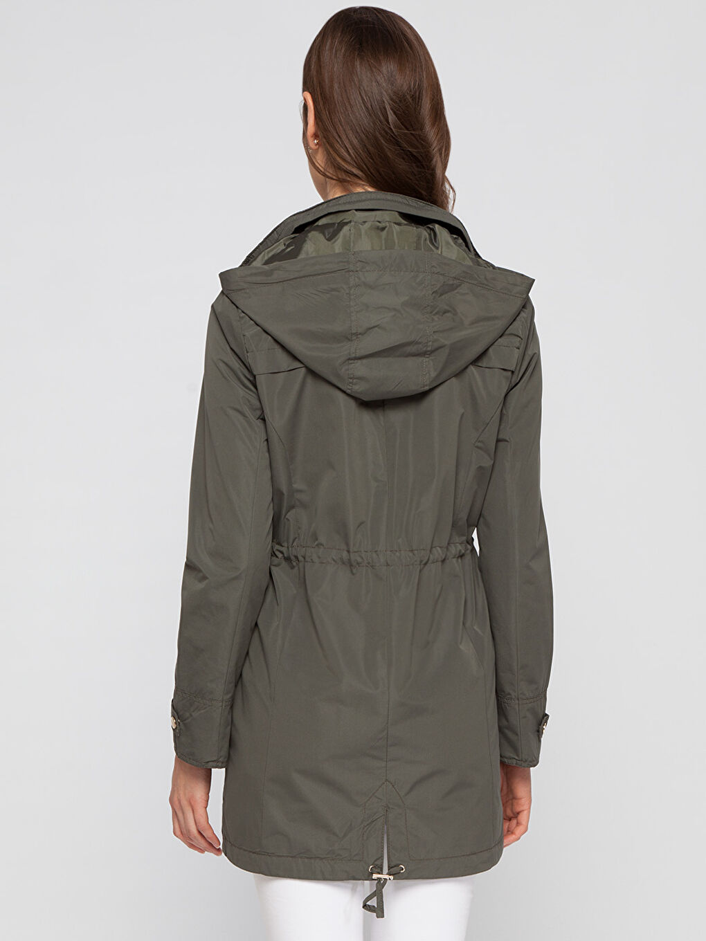 Yeşil Kadın Kapüşonlu Düz Mont-3