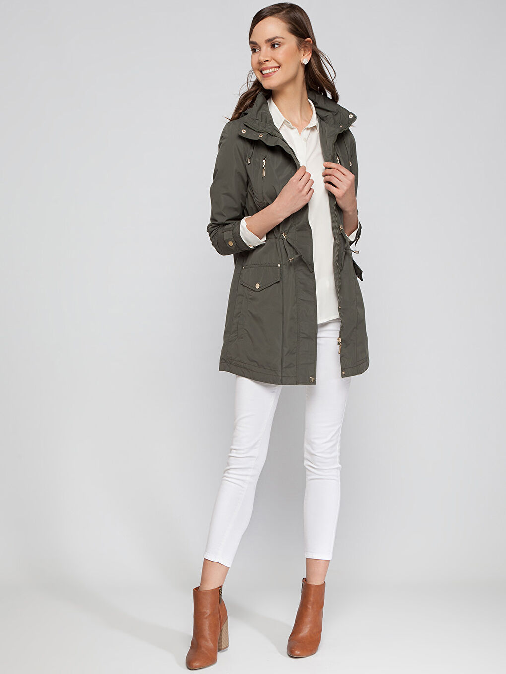 Yeşil Kadın Kapüşonlu Düz Mont-4