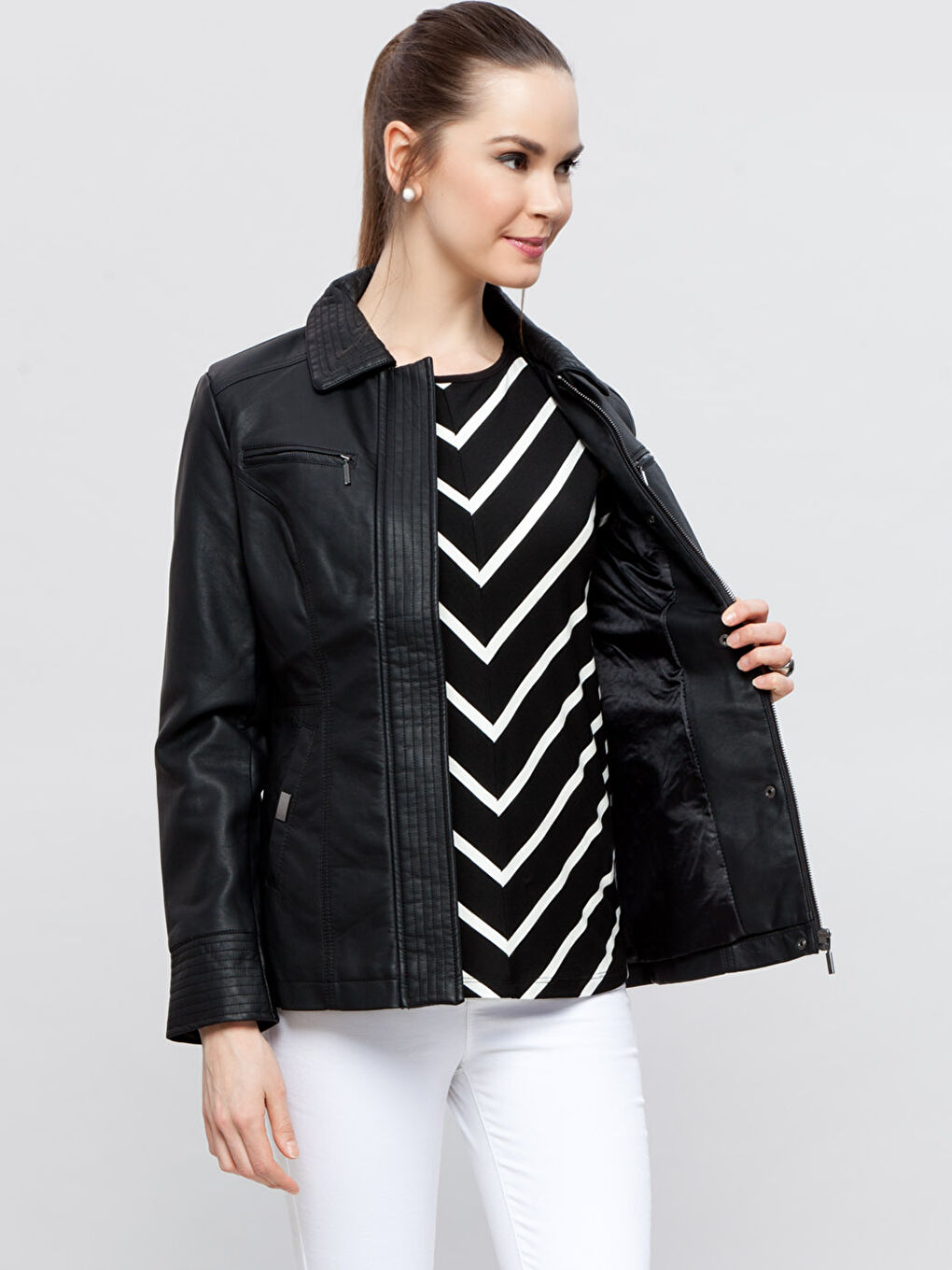 Yeni Siyah Deri Görünümlü Mont-1