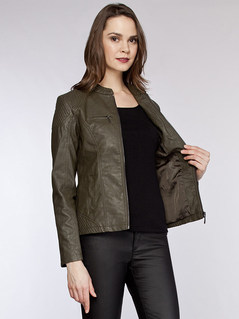 Haki Deri Görünümlü Mont-1