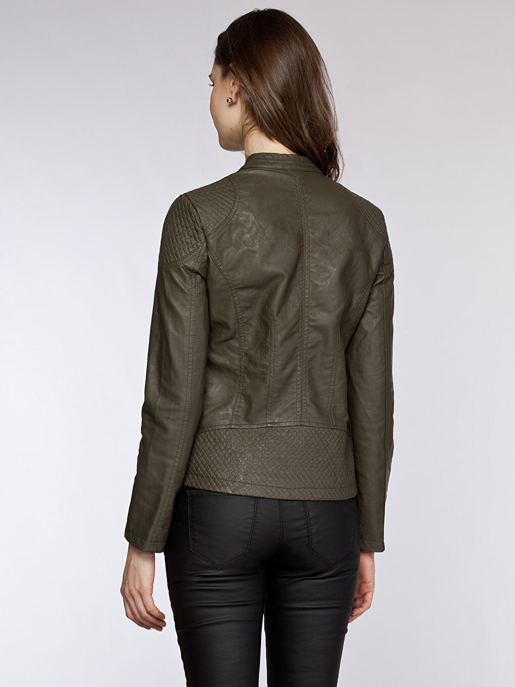 Haki Deri Görünümlü Mont-2