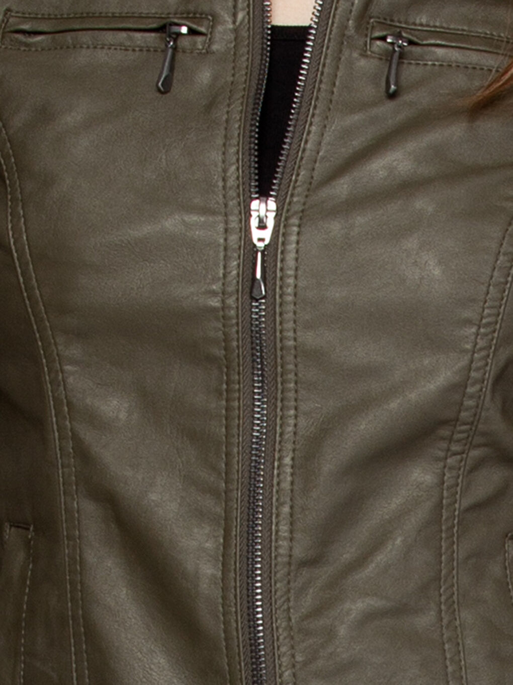 Haki Deri Görünümlü Mont-4