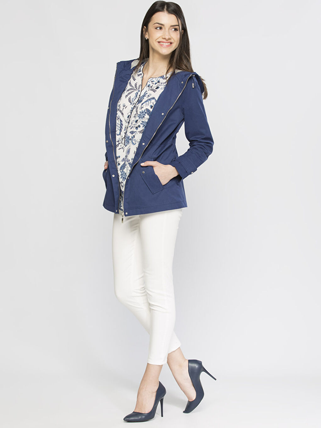 İndigo Kadın Kapüşonlu Düz Mont-3