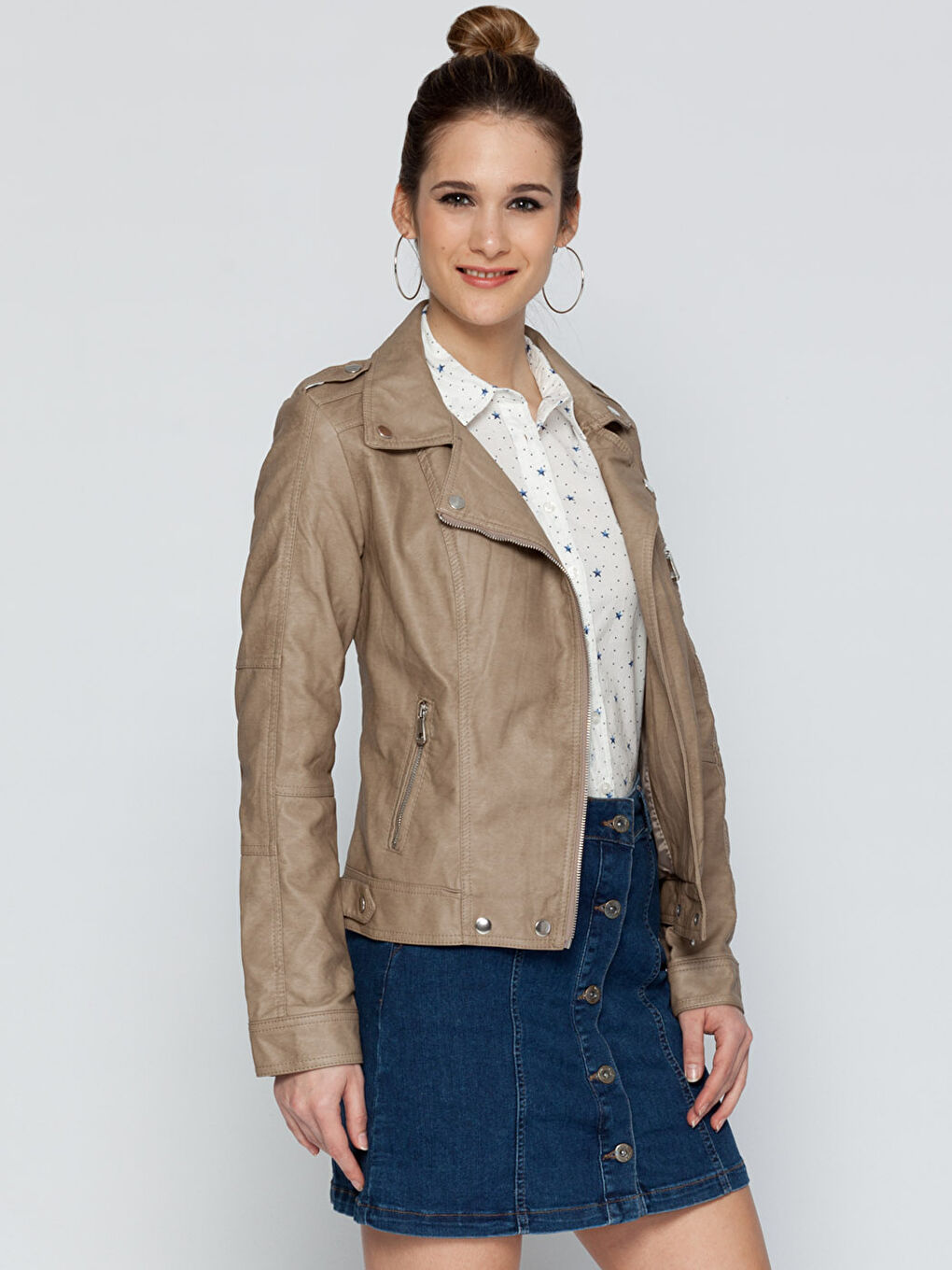 Kahverengi K.Sütlü Kahve Deri Görünümlü Mont